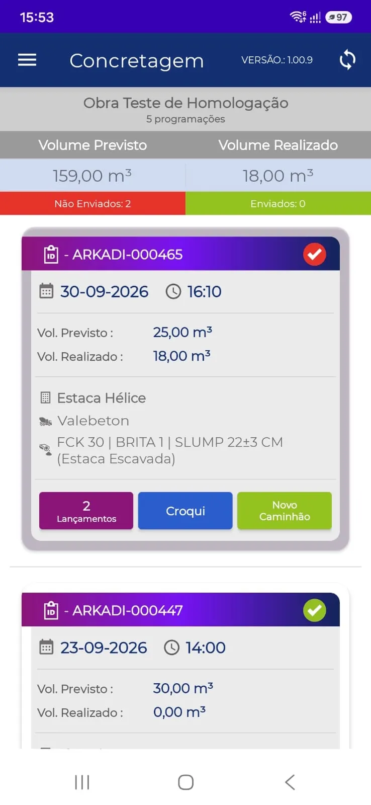 Tela de Concretagem no aplicativo Consulte GEO, com volumes previstos, realizados e programações da obra