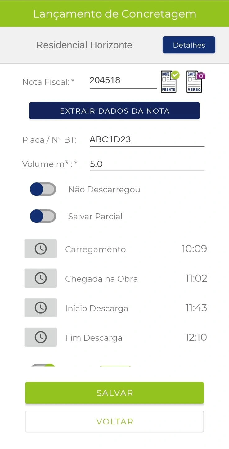 Recebimento do caminhão, com identificação fictícia
